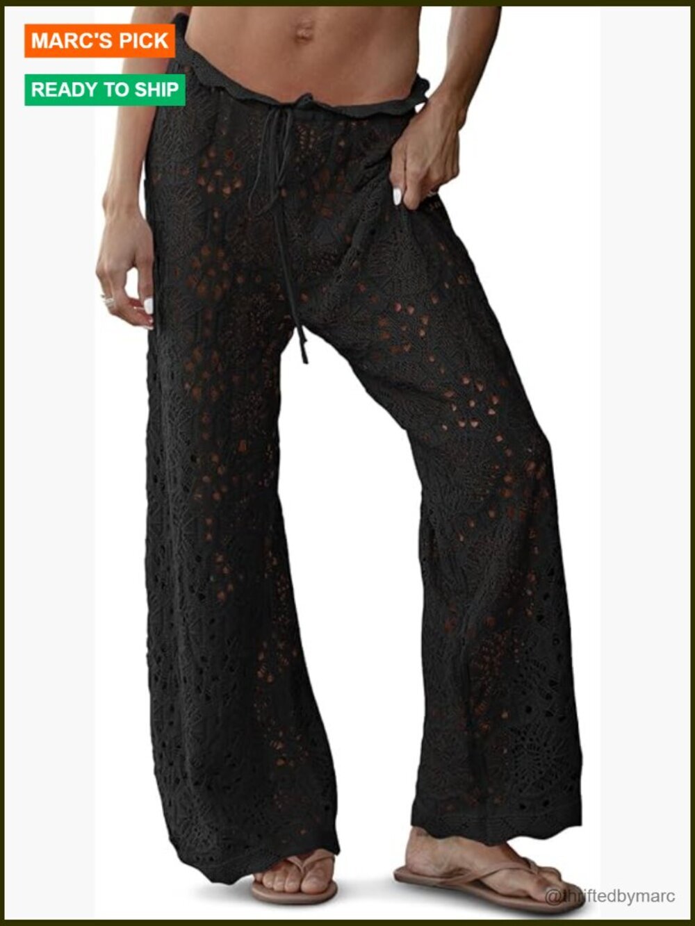 Crochet Cover Up Pants - High Waisted Drawstring Sheer Knit Wide Leg
